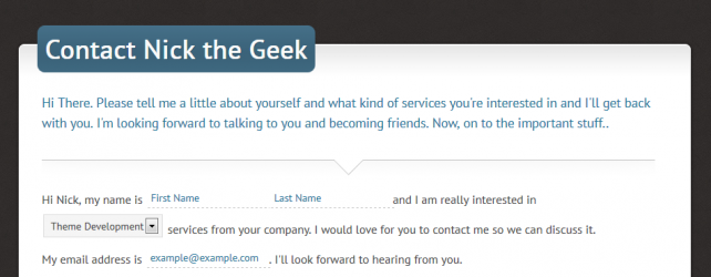 Madlib style contact form and example text